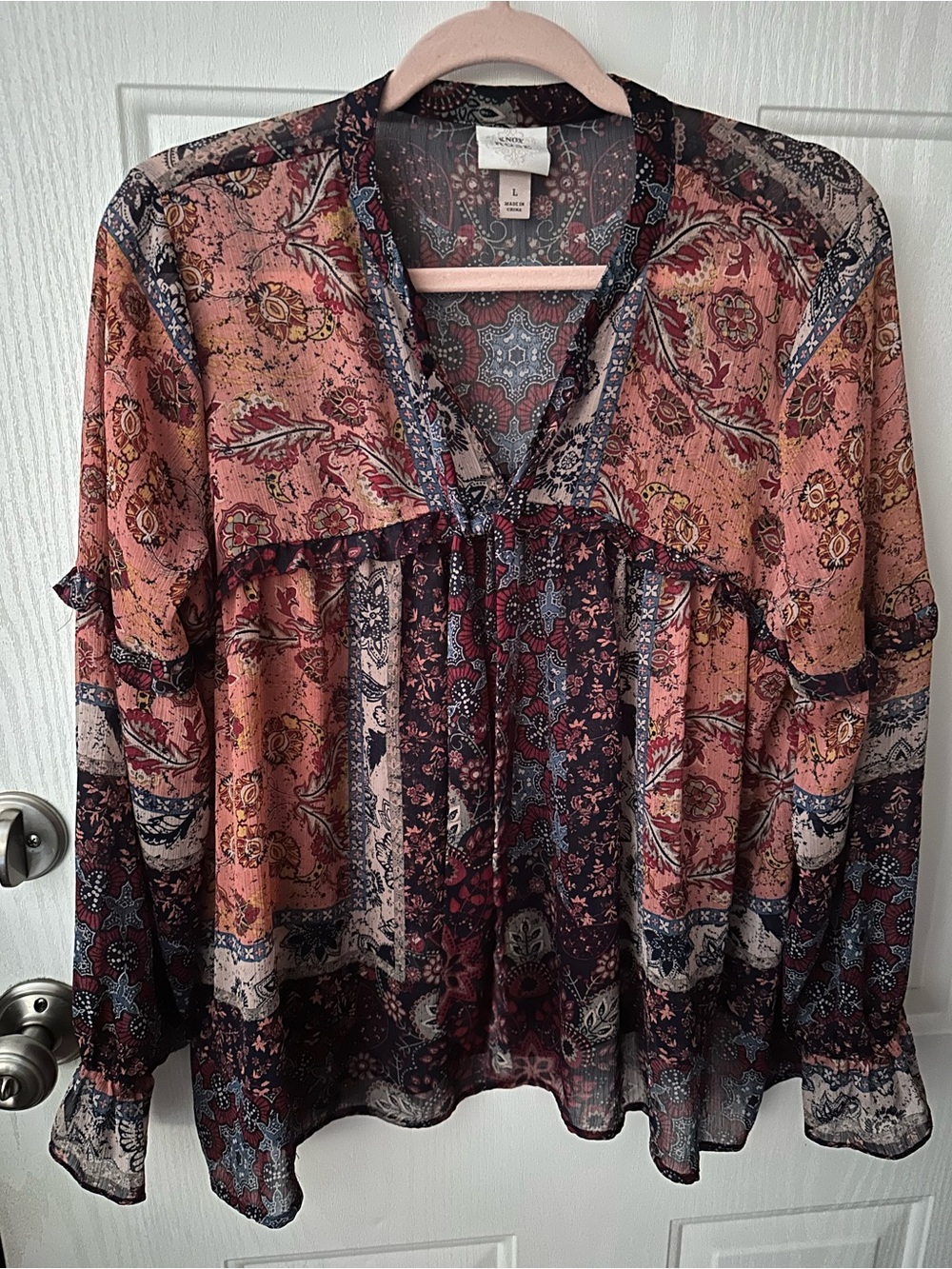Knox Rose Pink Multi Paisley Tie-Neck Blouse